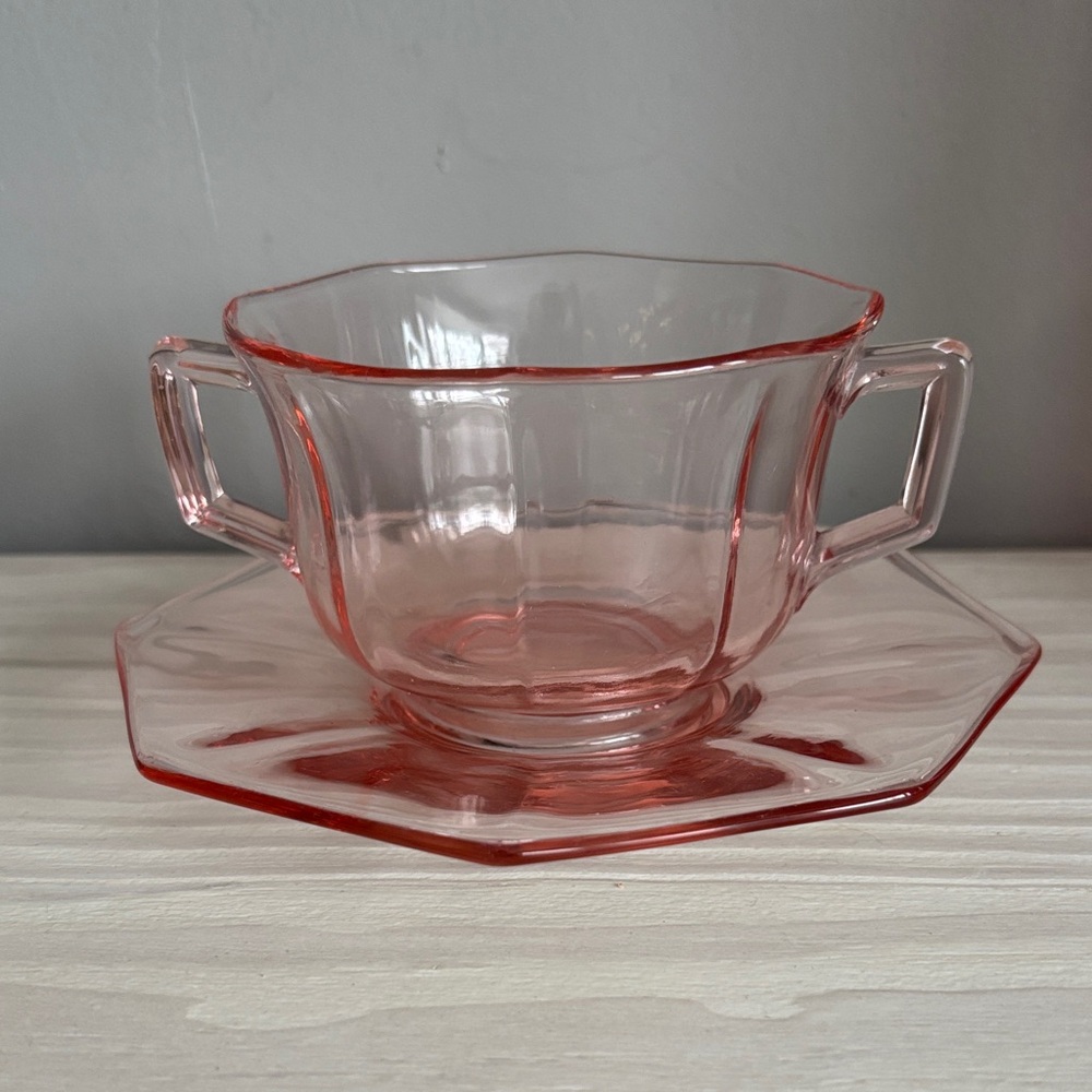 VTG Imperial Glass Pink‎ Depression Glass Open Sugar with Underplate/Saucer
